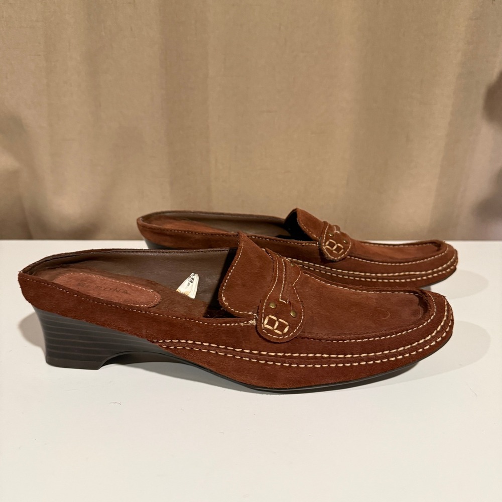 Merona Aria Brown Suede Mule Loafers Womens 11 Low Wedge Square Toe Slip On Shoe